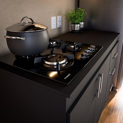 Balcão Em Mdp Para Cooktop 1,20m 5 Bocas 2 Portas E 3 Gavetas Turim Preto Preto