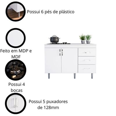 Balcão Em Mdp Para Cooktop 1,20m 5 Bocas 2 Portas E 3 Gavetas Turim Branco Branco