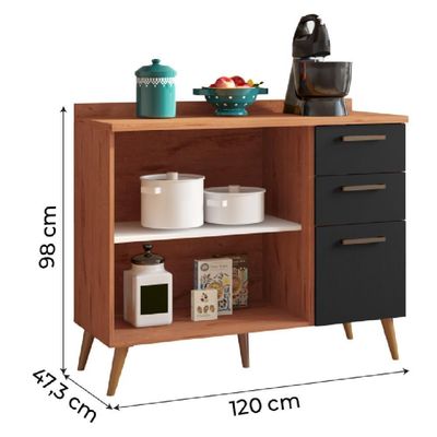 Balcão De Cozinha 2 Portas E 3 Gavetas Com Tampo 1,20m Favorita Natura / Preto Preto Naturale