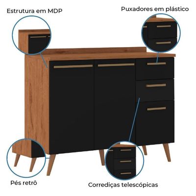 Balcão De Cozinha 2 Portas E 3 Gavetas Com Tampo 1,20m Favorita Natura / Preto Preto Naturale