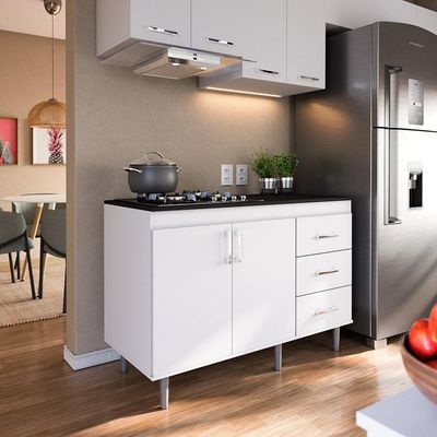 Balcão Para Cooktop 1,20m 4 Bocas 2 Portas E 3 Gavetas Turim Branco
