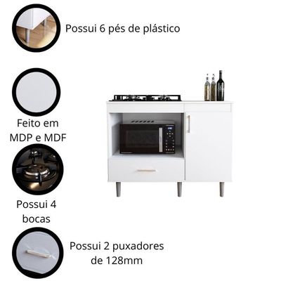 Balcão Para Cooktop 1,05m 4 Bocas 1 Nicho Com 1 Porta E Gaveta Turim Branco