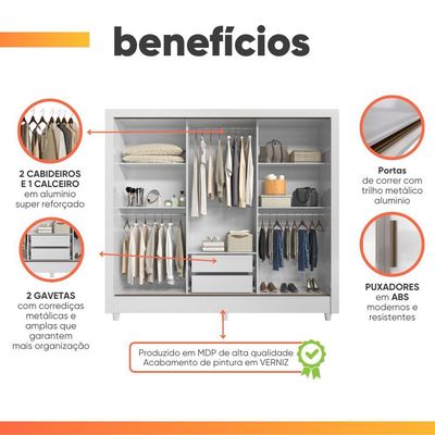 Guarda Roupas Casal Com Espelho 3 Portas De Correr 2 Gavetas França Andirá Branco