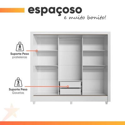 Guarda Roupas Casal Com Espelho 3 Portas De Correr 2 Gavetas França Andirá Branco