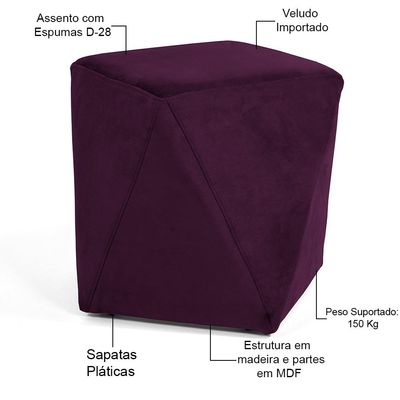 Puff Decorativo Para Sala de Estar Ametista D02 Veludo Roxo Grape C-292 - Lyam Decor