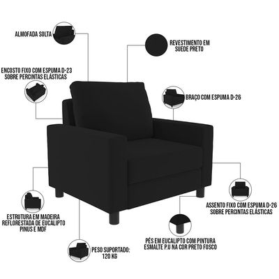 Poltrona Decorativa Para Sala De Estar E Recepção Malta L02 Suede Preto - Lyam Decor