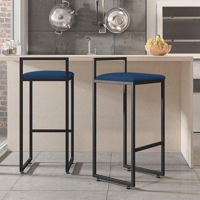 Banqueta Alta Para Cozinha Sala de Jantar Hanna L02 Preto Suede Azul Marinho - Lyam Decor