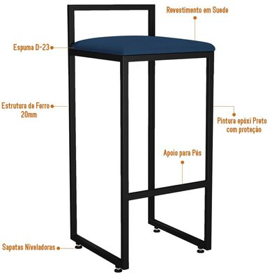 Banqueta Alta Para Cozinha Sala de Jantar Hanna L02 Preto Suede Azul Marinho - Lyam Decor
