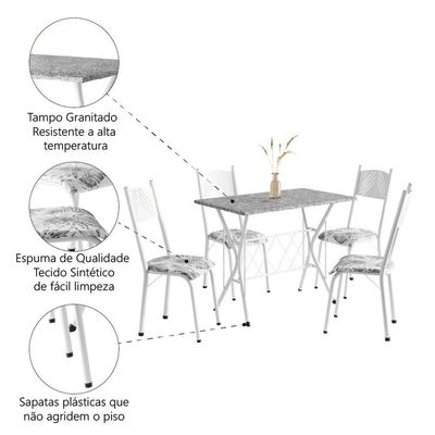 Conjunto De Mesa Sala De Jantar Bruna 1m Com 4 Cadeiras Granito Tubular Artefamol Branco Flor