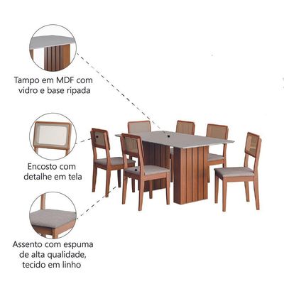 Conjunto De Mesa Sala De Jantar Ripada Tampo Com Vidro 1,60m 6 Cadeiras Santiago Dobuê Madeirado/off White