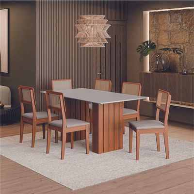 Conjunto De Mesa Sala De Jantar Ripada Tampo Com Vidro 1,60m 6 Cadeiras Santiago Dobuê Madeirado/off White