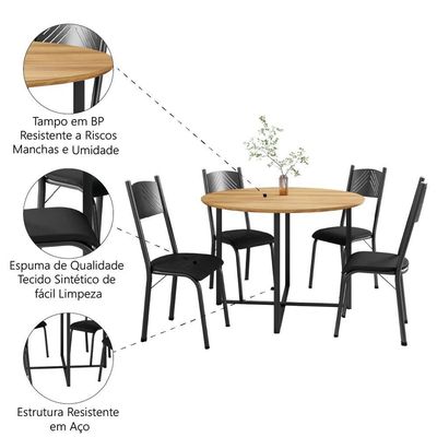 Conjunto De Mesa Sala De Jantar Com 4 Cadeiras Tampo Redondo 1m Madeirado Liz Preto Artefamol Preto