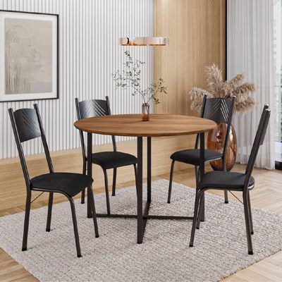 Conjunto De Mesa Sala De Jantar Com 4 Cadeiras Tampo Redondo 1m Madeirado Liz Preto Artefamol Preto