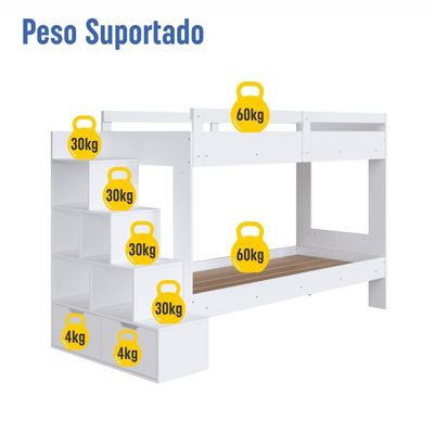 Cama Beliche Infantil Bicama Menino Menina 2,32m Com Escada, Nichos E Gavetas Branca