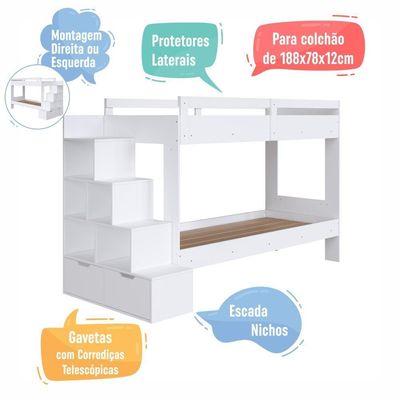 Cama Beliche Infantil Bicama Menino Menina 2,32m Com Escada, Nichos E Gavetas Branco