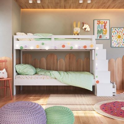 Cama Beliche Infantil Bicama Menino Menina 2,32m Com Escada, Nichos E Gavetas Branco