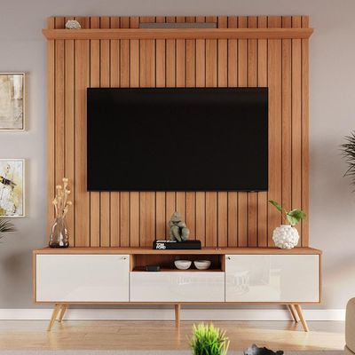 Rack Com Painel Sevilla - Mdp Efeito Ripado 3d Jequitibá-off White - Lukaliam Móveis
