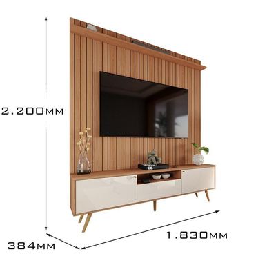 Rack Com Painel Sevilla - Mdp Efeito Ripado 3d Jequitibá-off White - Lukaliam Móveis