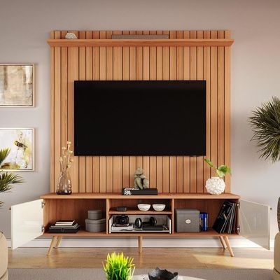 Rack Com Painel Sevilla - Mdp Efeito Ripado 3d Jequitibá-off White - Lukaliam Móveis