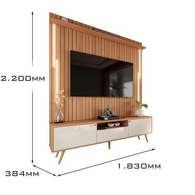 Rack Com Painel Sevilla Led Efeito Ripado 3d Para Até 70 Polegadas 183cm Jequitibá-off White
