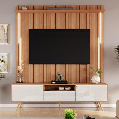 Rack Com Painel Sevilla Led Efeito Ripado 3d Para Até 70 Polegadas 183cm Jequitibá-off White