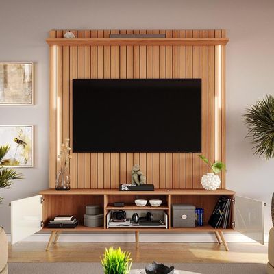 Rack Com Painel Sevilla Led Efeito Ripado 3d Para Até 70 Polegadas 183cm Jequitibá-off White