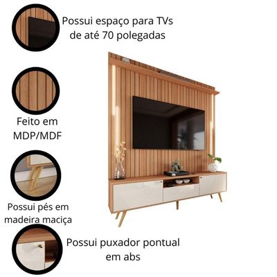 Rack Com Painel Sevilla Led Efeito Ripado 3d Para Até 70 Polegadas 183cm Jequitibá-off White