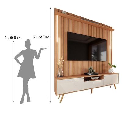 Rack Com Painel Sevilla Led Efeito Ripado 3d Para Até 70 Polegadas 183cm Jequitibá-off White