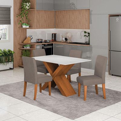 Conjunto De Mesa Sala De Jantar Tampo Com Vidro 1,36m Grécia 4 Cadeiras Trieste Dobuê Madeirado Mascavo