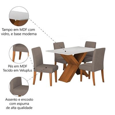 Conjunto De Mesa Sala De Jantar Tampo Com Vidro 1,36m Grécia 4 Cadeiras Trieste Dobuê Madeirado Mascavo