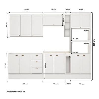 Armário De Cozinha Completa C Balcão Milla Quest Carraro Branco