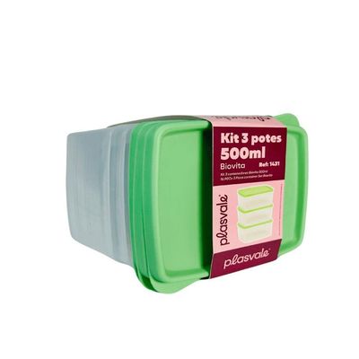 Kit 3 Potes Retangulares 500ml Plasvale Verde Oliva