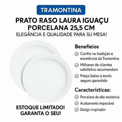 Jogo 2 Pratos Raso Jantar Laura Iguaçu Porcelana 25,5 Cm Tramontina