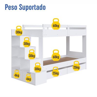 Cama Beliche Infantil Bicama Menino Menina 2,32m Com Escada, Nichos E Gavetas Com Rodas Branca