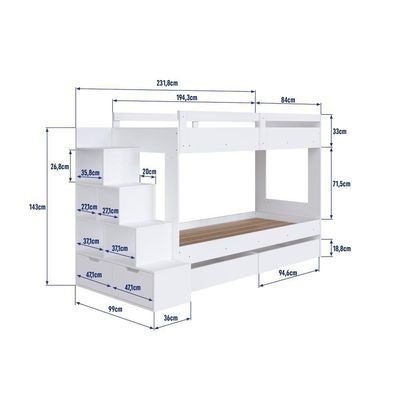Cama Beliche Infantil Bicama Menino Menina 2,32m Com Escada, Nichos E Gavetas Com Rodas Branco