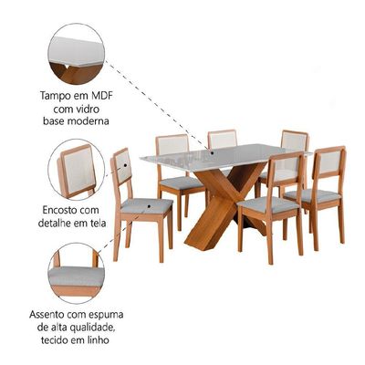 Conjunto De Mesa Sala De Jantar Tampo Com Vidro 6 Cadeiras