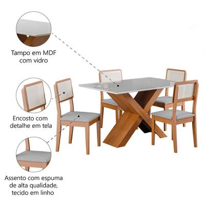 Conjunto de Mesa para Sala de Jantar Grécia 1,36m com Tampo de Vidro e 4 Cadeiras Santiago - Dobuê Madeirado / Cinza