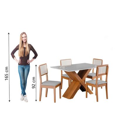 Conjunto de Mesa para Sala de Jantar Grécia 1,36m com Tampo de Vidro e 4 Cadeiras Santiago - Dobuê Madeirado / Cinza