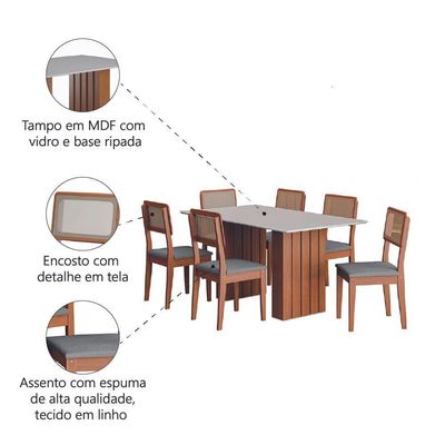 Conjunto De Mesa Sala De Jantar Ripada Tampo Com Vidro 1,60m 6 Cadeiras Santiago Dobuê Madeirado / Cinza