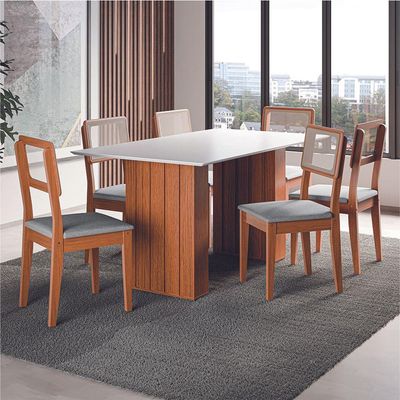 Conjunto De Mesa Sala De Jantar Ripada Tampo Com Vidro 1,60m 6 Cadeiras Santiago Dobuê Madeirado / Cinza