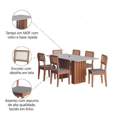 Conjunto De Mesa Sala De Jantar Ripada Tampo Com Vidro 1,80m 6 Cadeiras Santiago Dobuê Madeirado / Cinza