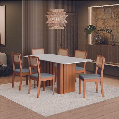 Conjunto De Mesa Sala De Jantar Ripada Tampo Com Vidro 1,80m 6 Cadeiras Santiago Dobuê Madeirado / Cinza