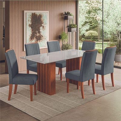 Conjunto De Mesa Sala De Jantar Ripada Tampo Com Vidro Santiago 1,80m 6 Cadeiras Grécia Dobuê Madeirado/Grafite