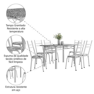 Conjunto De Mesa Sala De Jantar Leia Com 6 Cadeiras Tubular Granito 1,40m Artefamol Branco Flor