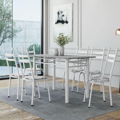 Conjunto De Mesa Sala De Jantar Leia Com 6 Cadeiras Tubular Granito 1,40m Artefamol Branco Flor