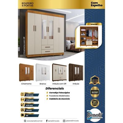 Guarda Roupa Leblon 6 Portas 2 Gavetas 7 Prateleiras Cinamomo Off
