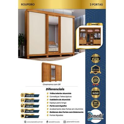 Guarda Roupa Sergipe 3 Porta Ripado 6 Gavetas 9 Prateleiras Cinamomo-off