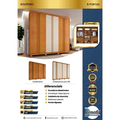 Guarda Roupa Porto 6 Portas Ripado 4 Gavetas 10 Prateleiras Cinamomo