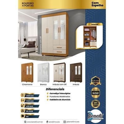 Guarda Roupa New Copacabana 4 Portas 2 Gavetas 5 Prateleiras Cinamomo