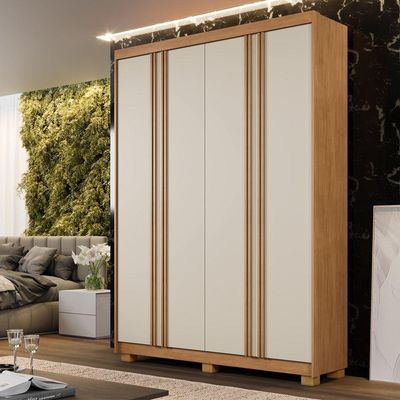 Guarda Roupa Porto 4 Portas Ripado 3 Gavetas 8 Prateleiras Cinamomo Off